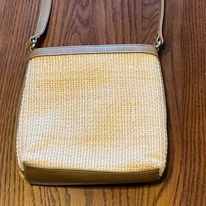 Fossil Straw Crossbody Bag Tan Leather Trim Woven Rattan Boho Summer Purse
